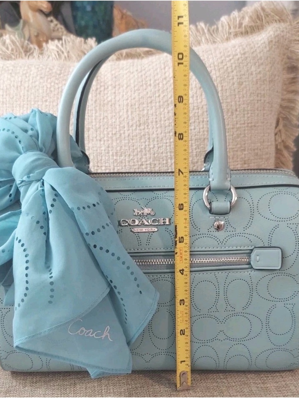 Coach Rowan Sky Blue Perforated Leather Bag with Scarf Accent - Picture 16 of 16
